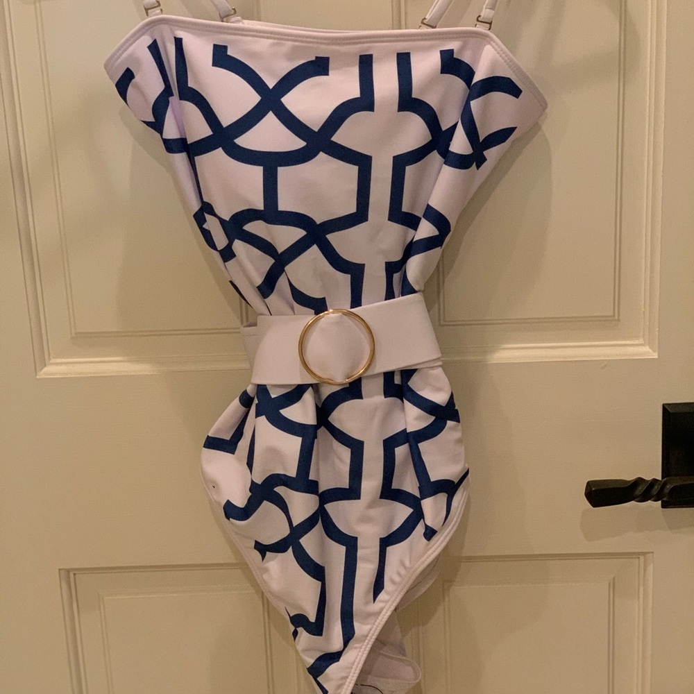 SHEIN White and Blue Patterned Swimsuit